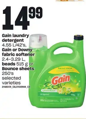 Loblaws Gain laundry detergent 4.55 l/42's, gain or downy fabric softener 2.4-3.29 l, beads 515 g or bounce sheets 250's offer