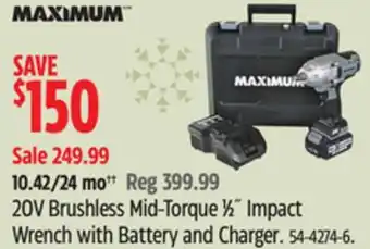 Canadian Tire Maximum 20v brushless mid-torque 1⁄2 impact wrench with battery and charger offer