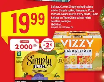 Maxi Seltzer, cooler simply spiked caisse mixte, simply spiked limonade, vizzy mimosa caisse mixte, vizzy mixte, coors seltzer ou offer
