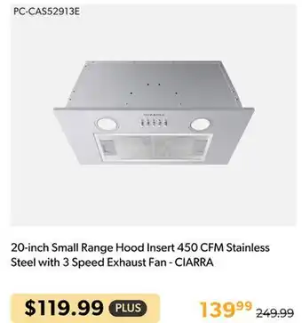 Shopper+ 20-inch small range hood insert 450 cfm stainless steel with 3 speed exhaust fan - ciarra offer