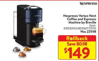 Walmart Nespresso vertuo next coffee and espresso machine by breville offer
