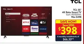 Walmart Tcl 55 4k roku smart tv offer