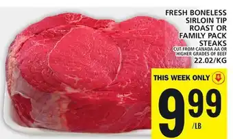 Food Basics Fresh boneless sirloin tip roast or family pack steaks offer
