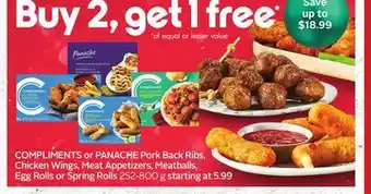 Sobeys Compliments or panache pork back ribs, chicken wings, meat appetizers, meatballs, egg rolls or spring rolls offer