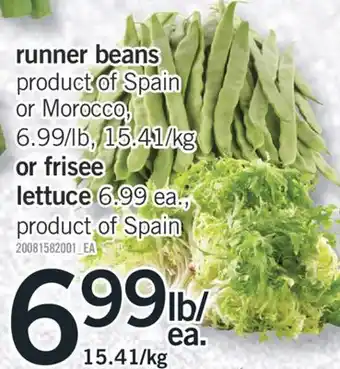 Fortinos Runner beans product of spain or morocco, or frisee lettuce 6.99 ea., product of spain 15.41/kg offer
