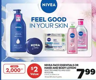 Real Canadian Superstore Nivea face essentials or hand and body lotion, 40-625 ml offer