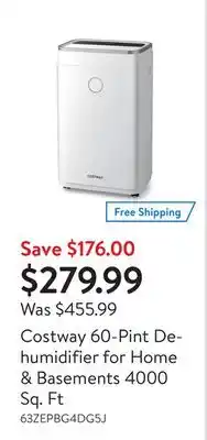 Walmart Costway 60-pint dehumidifier for home & basements 4000 sq. ft offer