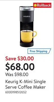 Walmart Keurig k-mini single serve coffee maker offer