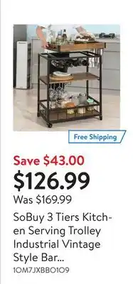 Walmart Sobuy 3 tiers kitchen serving trolley industrial vintage style bar cart with wine rack offer