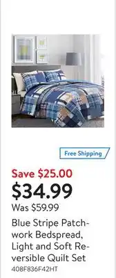 Walmart Blue stripe patchwork bedspread, light and soft reversible quilt set offer