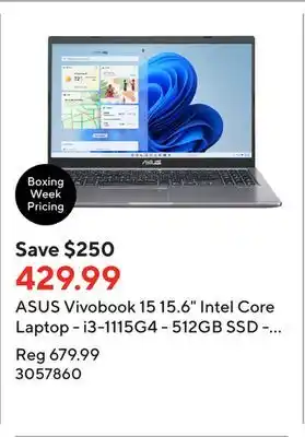 Staples Asus vivobook 15 15.6 intel core laptop - i3-1115g4 - 512gb ssd - 8gb ddr4 - windows 11 - slate grey offer