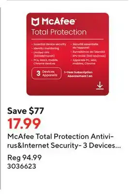 Staples Mcafee total protection antivirus&internet security- 3 devices (windows/mac/android/ios/chromeos)-1-year subscription (downlo offer