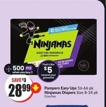 Chalo FreshCo Pampers easy ups 56-66 pk ninjamas diapers size 8-34 pk couches offer