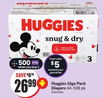 FreshCo Huggies giga pack diapers 44-108 pk couches offer