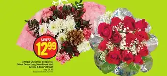 Chalo FreshCo Antique christmas bouquet or 50 cm dozen long stem roses with greens & baby's breath offer