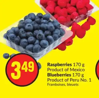 FreshCo Raspberries 170 g product of mexico blueberries 170 g product of peru no. 1 offer