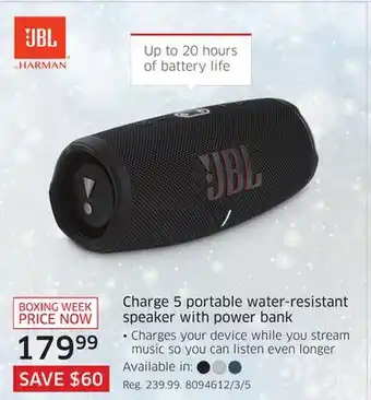 The Source Jbl charge 5 portable water-resistant speaker with power bank offer