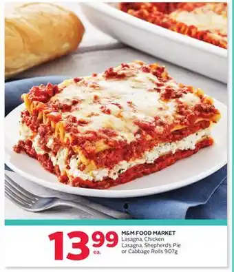 Rexall M&m food market lasagna, chicken lasagna, shepherd's pie or cabbage rolls offer