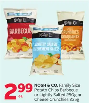 Rexall Nosh & co. family size potato chips barbecue or lightly salted 250g or cheese crunchies 225g offer