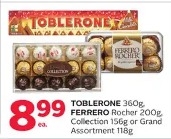 Rexall Toblerone 360g, ferrero rocher 200g, collection 156g or grand assortment 118g offer