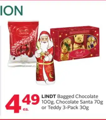 Rexall Lindt bagged chocolate 100g, chocolate santa 70g or teddy 3-pack 30g offer
