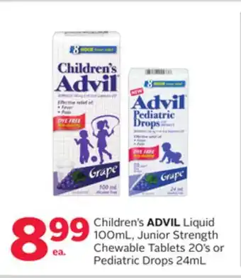 Rexall Children's advil liquid 100ml, junior strength chewable tablets 20' s or pediatric drops 24ml offer