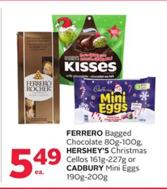 Rexall Ferrero bagged chocolate 80g-100g, hershey's christmas cellos 161g-227g or cadbury mini eggs 190g-200g offer