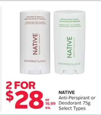 Rexall Native anti-perspirant or deodorant 75g offer