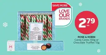 Rexall Rose & robin candy canes 150g or chocolate truffles 72g offer