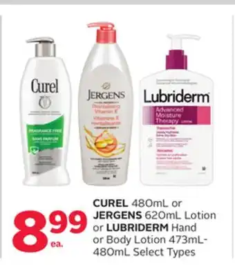 Rexall Curel 480ml or jergens 620ml lotion or lubriderm hand or body lotion 473ml-480ml offer