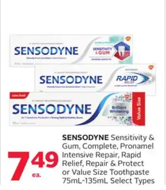 Rexall Sensodyne sensitivity & gum, complete, pronamel intensive repair, rapid relief, repair & protect or value size toothpaste 75m offer
