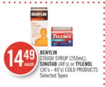 Shoppers Drug Mart Benylin cough syrup (250ml), sinutab (48's) or tylenol (36's - 40's) cold products offer