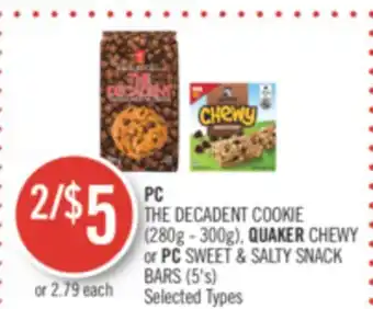 Shoppers Drug Mart Pc the decadent cookie (280g - 300g), quaker chewy or pc sweet & salty snack bars (5's) offer