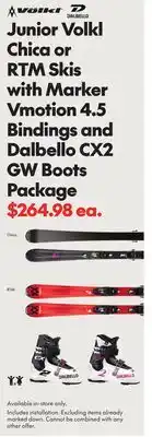 Sport Chek Junior volkl chica or rtm skis with marker vmotion 4.5 bindings and dalbello cx2 gw boots package offer