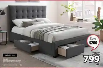 JYSK Korsor upholstered bedframe with high-profile, button-tufted headboard and 4 storage drawers offer