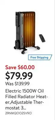 Walmart Electric 1500w oil filled radiator heater,adjustable thermostat 3 heat setting and overheating protection, full room quiet offer