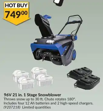 Princess Auto 96v 21 in. 1 stage snowblower throws offer