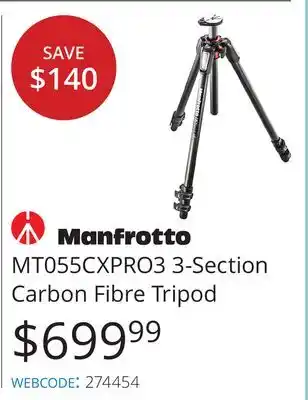 Vistek Manfrotto mt055cxpro3 3-section carbon fibre tripod offer