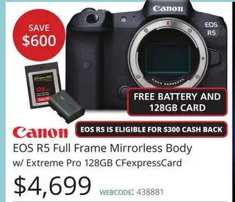 Vistek Canon eos r5 full frame mirrorless body w/extreme pro 128gb cfexpresscard offer