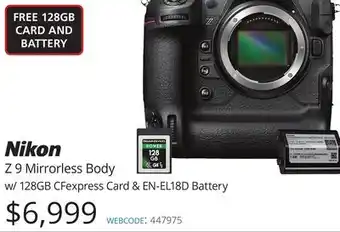Vistek Nikon mirrorless body w/128gb cfexpress card & en-el18d battery offer