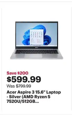 Best Buy Acer aspire 3 15.6 laptop - silver (amd ryzen 5 7520u/512gb ssd/16gb ram/windows 11 home) offer