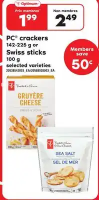 Loblaws Pc crackers, 142-225 g or swiss sticks, 100 g offer