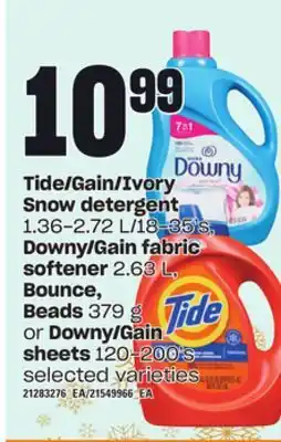 Loblaws Tide/gain/ivory snow detergent, 1.36-2.72 l/18-35's, downy/gain fabric softener, 2.63 l, bounce, beads, 379 g or downy/gain s offer
