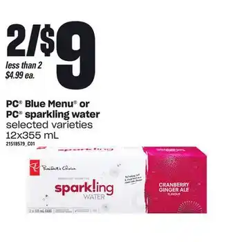 Loblaws Pc blue menu or pc sparkling water, 12x355 ml offer
