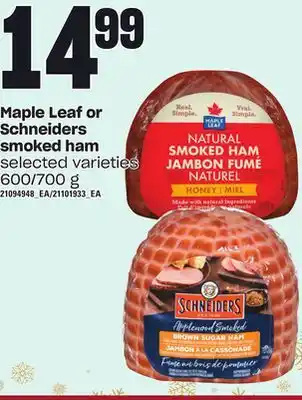 Loblaws Maple leaf or schneiders smoked ham, 600/700 g offer