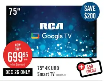 The Brick Rca 75 4k hdr smart google tv offer