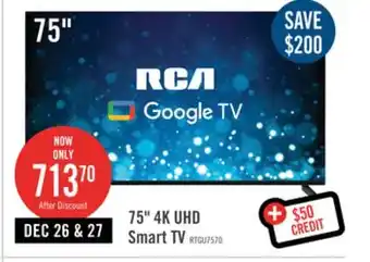 The Brick Rca 75 4k hdr smart google tv offer