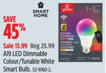 Canadian Tire Globe a19 led dimmable colour/tunable white smart bulb offer