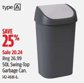 Canadian Tire Type a 50l swing-top garbage can offer