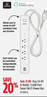 Canadian Tire Globe 4-outlet, 2-usb port smart wi-fi power bar offer